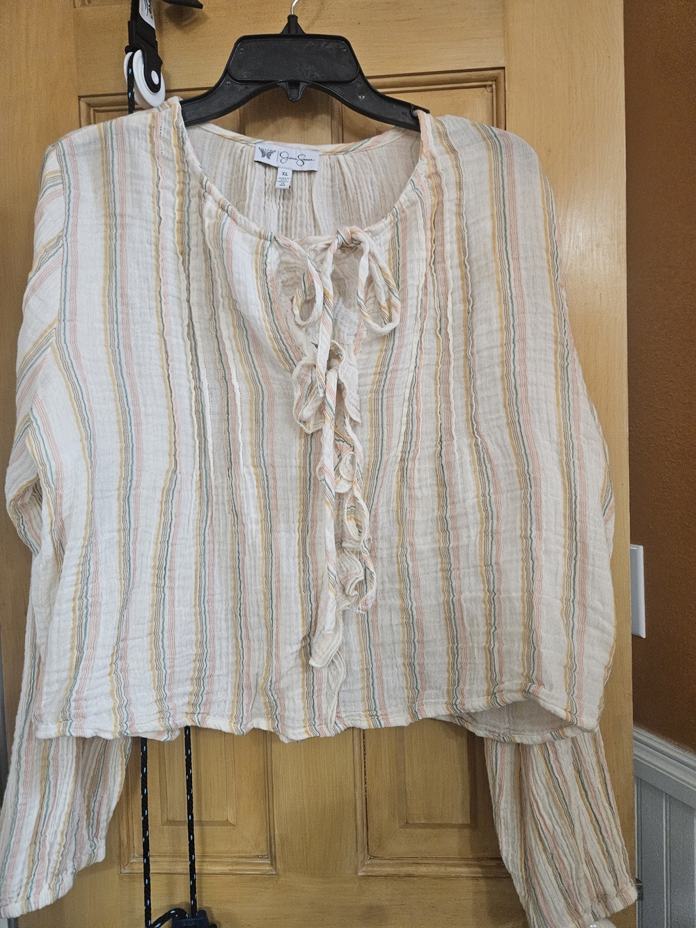 Jessica Simpson Striped Gauze Tie-Front Peasant Top in Cream Gauze